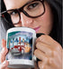 3dRose Classic Woody Car and Big Wave Background with Surfer A Surfing Lover Gift Mug, 11 oz, Black...