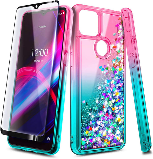 NZND Case for T-Mobile REVVL 4+ Plus with Tempered Glass Screen Protector (Full Coverage), Glitter Liquid Floating Waterfall Girls Cute Phone Case...