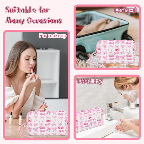 Pink Bow Makeup Bag,Cute Cosmetic Travel Bag for Women Preppy makeup pouch Cherry Strawberry Pattern,Preppy Gift for Teen Girls,Portable Handle PU...