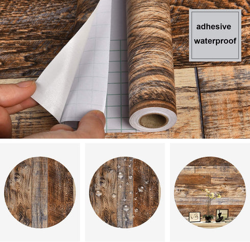 WENMER 17.71" x 78.7" Brown Wood Peel and Stick Wallpaper Shiplap Self Adhesive Wallpaper Wood Plank Wallpaper for Cabinet Countertop Shelf Drawer...