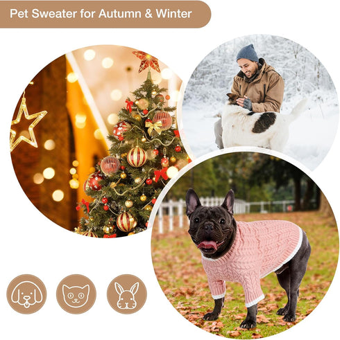 Small Dog Pullover Sweater Winter Warm Puppy Clothes, Classic Cold Weather Cable Knitwear Cat Apparel, Turtleneck Color Block Christmas Holiday Pe...