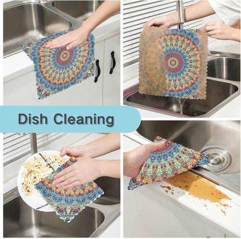 Kcldeci Round Mandala Mosaic Tile Style 6 Pack Dish Cloths for Washing Dishes Kitchen Dishcloth Microfiber Dish Towel Rags Absorbent Reusable Clea...