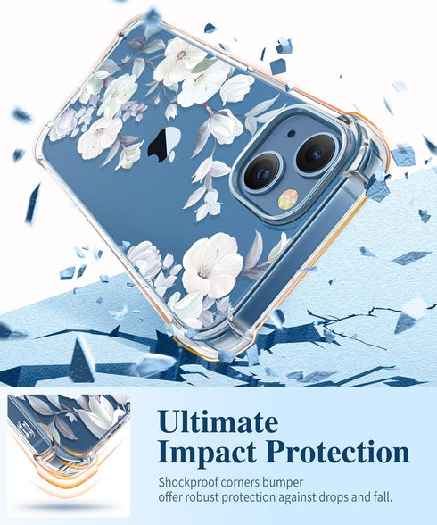 GVIEWIN Designed for iPhone 13 Case 6.1 Inch, with Tempered Glass Screen Protector + Camera Lens Protector Clear Flower Soft & Flexible Shockproof...