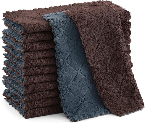 12 Pack Kitchen Cloths Dish Towels (10" x 10", Dark Grey & Brown), Super Soft and Absorbent Dish Cloths, Coral Velvet Microfiber Cleaning Cloth, N...