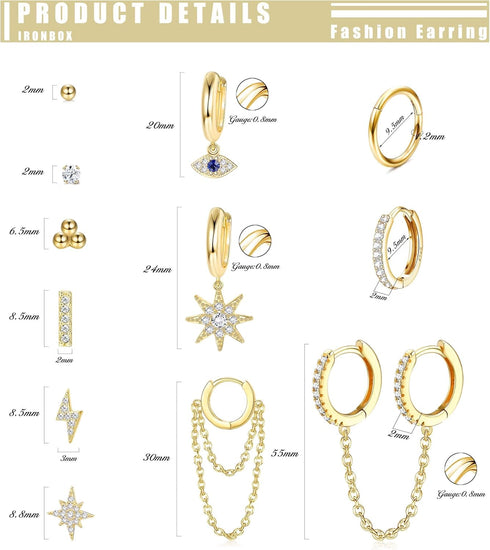 IRONBOX 12Pairs 14K Gold Plated Huggie Hoop Studs Earrings Set for Women Small Dainty Minimalist Chain Earrings Cartilage CZ Ball Earrings Sets fo...
