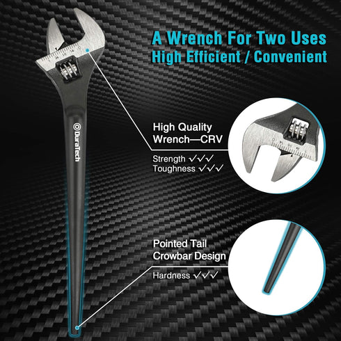 DURATECH 8-Inch Adjustable Construction Spud Wrench, Black Oxide Finish, CR-V Steel, SAE and Metric Scale Marked, Alignment Holes and Tail Crowbar...
