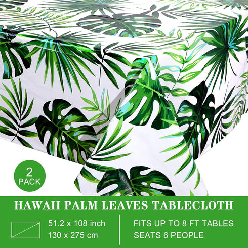 2 Pieces 51.2 x 108.3 Inch Hawaii Palm Leaves Tablecloth Disposable Plastic Tropical Table Covers for Rectangular Luau Safari Jungle Birthday Part...