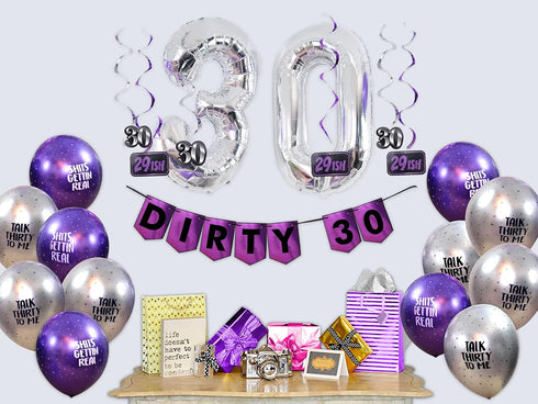 30th Birthday Purple Party Pack - 30th Birthday Banner, Balloon and Swirls Pack- Birthday Decorations - 30th Birthday Party Supplies, Favors and G...