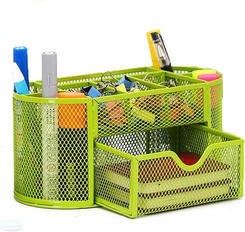 VANRA Metal Mesh Desk Supply Caddy Desktop Office Supplies Organizer Supply Holder 8 Compartments with Drawer (Green)...
