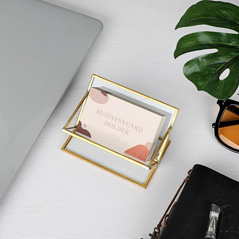 Hipiwe Glass Business Card Holder for Desk, Golden Metal Frame Business Card Display Stand for Office Reception Exhibition Meeting Desktop Organiz...
