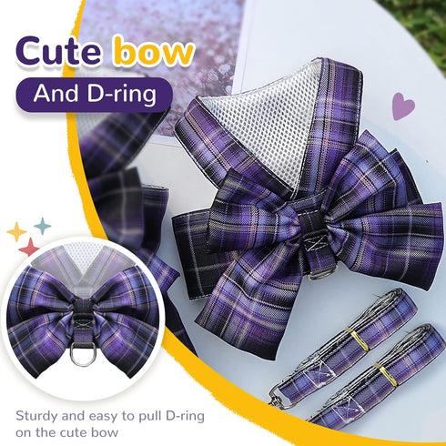 Dog Harness for Small Dogs with Bow Small Harness for Girl Dogs with D-Ring Soft Mesh Adjustable Harness Set Puppy Pet Harness and Leash...