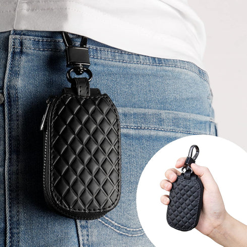 Amiss Universal Remote Key Fob Cover, Car Key Case/Protector, Genuine Leather Car Smart Keychain Holder Metal Hook and Keyring Zipper Bag - Black ...