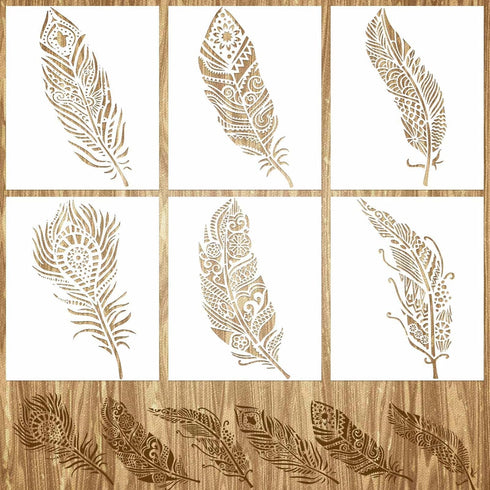 6PCS Feather Stencils for Painting, 10.2 * 7 Inches Mandala Stencils Reusable Painting Templates Beautiful Large Stencils for Painting on Wall, Wo...