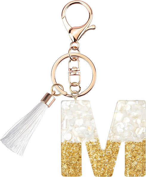 Cute Beige Key Chains for Women Girls, Initial Letter Keychains with White Tassel, Charms for Key Handbag Backpack...