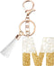 Cute Beige Key Chains for Women Girls, Initial Letter Keychains with White Tassel, Charms for Key Handbag Backpack...