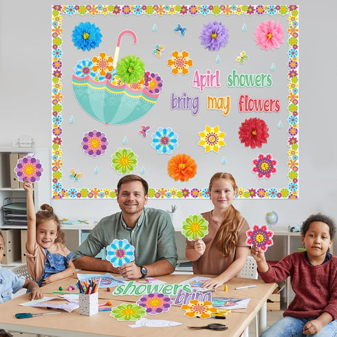 TaoBary 96 Pcs April Showers Bring May Flowers Bulletin Board Cutouts with 3D Tissue Paper Flower Spring Bulletin Board Classroom Decoration for S...