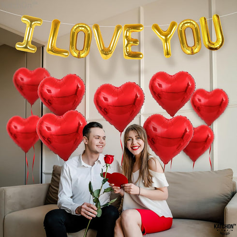 KatchOn I Love You Balloons Set - 18 Inch, Pack of 18 | Foil Red Heart Balloons for Valentine's Day Decorations...