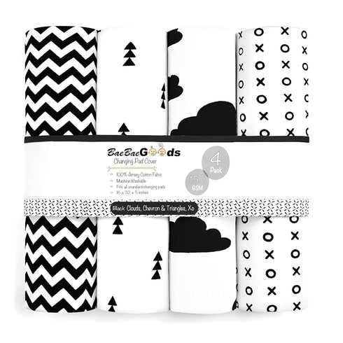 Changing Pad Cover – Premium Baby Changing Pad Covers 4 Pack – Boy or Girl Changing Pad Cover – Pure Jersey Machine Washable Black and White Chang...