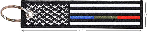 Thin Blue Green Red Line American Flag Keychain Tag with Key Ring & Carabiner 2-Pack - Police, Military, Firefighters...