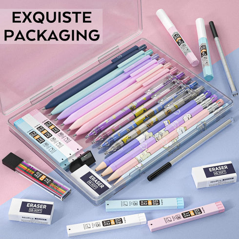 Nicpro 32PCS Cute Mechanical Pencil Set in Case, 14PCS Pastel Aesthetic Pencils 0.5 & 0.7 & 0.9 mm & 2mm Lead Holder, 12 Tubes Lead Refills(2B HB ...