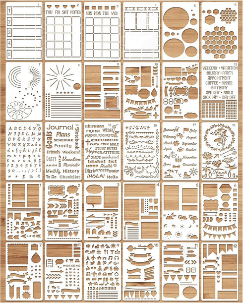 30 Pieces Mixed Bullet Journal Stencil Kit, Letter Drawing Painting Alphabet, Reusable Accessory for DIY Planner Scrapbooking Wall Decor (17.8 x 1...