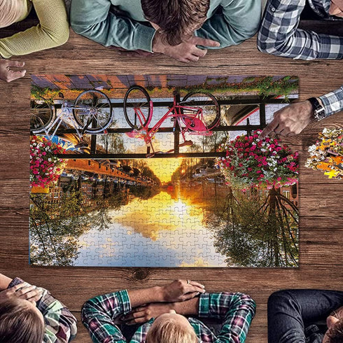 Puzzles for Adults Jigsaw 500 Piece Spring Flower Quiet River Sunrise Picturesque Amsterdam with Bicycles Landscape 500 Piece Puzzle Art for Famil...