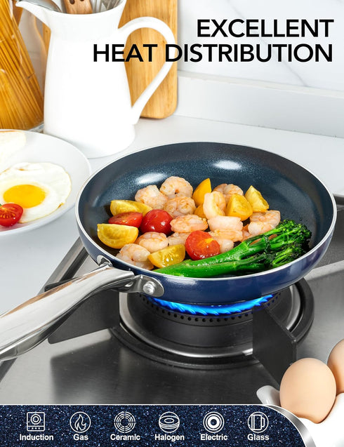MICHELANGELO Small Frying Pan - 8 Inch Nonstick Frying Pan with Lid, Non-Toxic Omelette Pan with Stainless Handle, Nonstick Skillet, Blue-Ceramic...