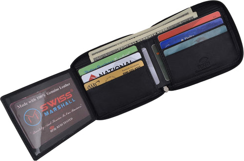 Men's Zipper RFID Blocking Premium Leather Zip-Around ID Bifold Wallet (Black)...