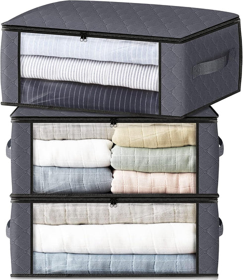 HomeHacks Storage 3-Pack Clothes Organizer Storage Bags Foldable Storage Box with Large Clear Window Sturdy Handles for Closet, Dorm, Pillows, Bed...