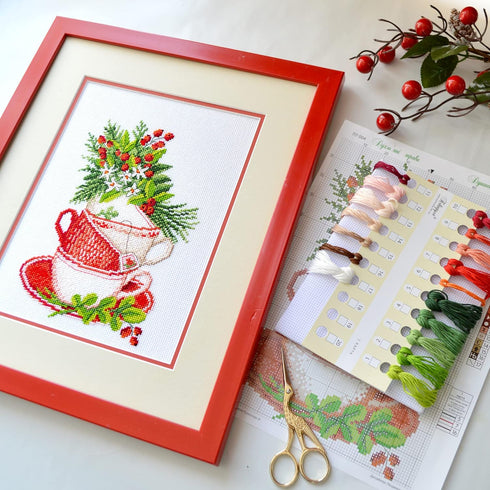 Povitrulya Fragrant Herbs - Counted Cross Stitch Kits for Adults with Victorian Tea Cups Design, DIY Embroidery Kitchen Christmas Set...