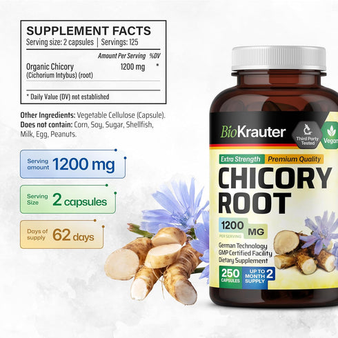 BIO KRAUTER Chicory Fiber Supplement - 1200 mg Strength - 250 Count - Chicory Root Powder - Inulin Capsules for Digestive Support - Vegan...