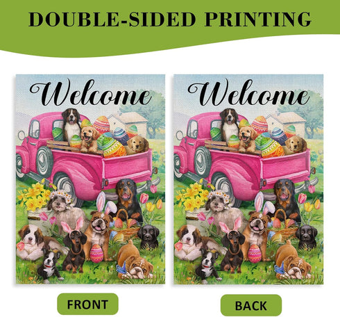Home Decorative Welcome Easter Eggs Pink Truck Dog Garden Flag, Country Puppy House Yard Daffodil Tulip Daisy Flowers Outside Decoration, Spring F...