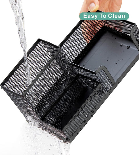 2 Pack Black Pen Holder - Mesh Desk Organizer Office Supplies Caddy with Sticky Notes Holder, 3 Compartments 4 Non-slip Mats Easy Storage Suitable...