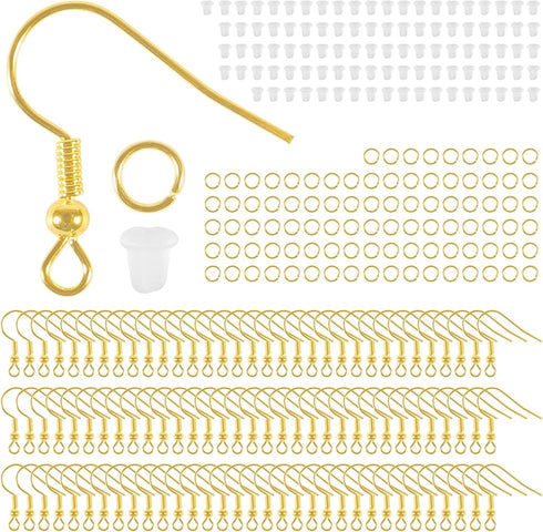 100pcs Hypoallergenic Earring Hooks, 925 Sterling Gold Copper-Plated Earring Hooks, Fish Hook Earrings, 300 pcs Earring Making Kit with Jump Rings...