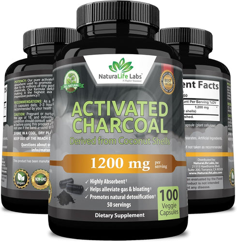 Activated Charcoal Capsules - 1,200 mg Highly Absorbent Helps Alleviate Gas & Bloating Promotes Natural detoxification Derived from Coconut Shells...