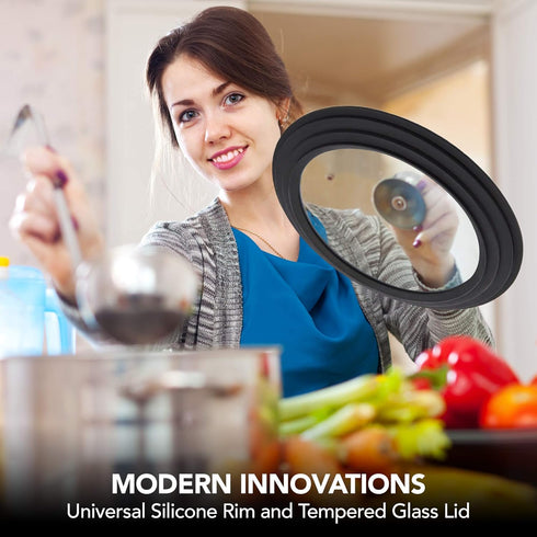Modern Innovations Universal Lids (Set of 2) Fits 7 to 12-Inch Cookware, Silicone Replacement Pan Lid, Glass Top Covers for Skillets, Pots, Frying...