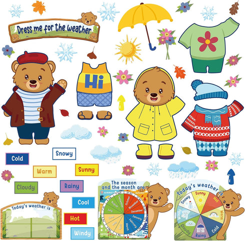 86 Pcs Weather Bulletin Board Set for Classroom 12 x 8 Inch Bear Dress Weather Chart Seasonal Bulletin Board Cutout Set Bulletin Board Decorations...