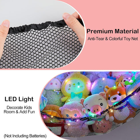 Stuffed Animals Net or Hammock Kids Toy Storage Organizer with LED Light Unicorn Castle Hanging Corner Stuffed Animals Holder Kids Girls Room Deco...