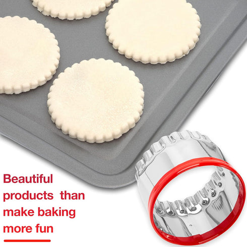 4-Pieces Fluted Round Cookie Cutters, Metal Circle Biscuit Cutters Set, Wave Cookies Cutter with Fluted Edge, Unique Design with Protective Red To...