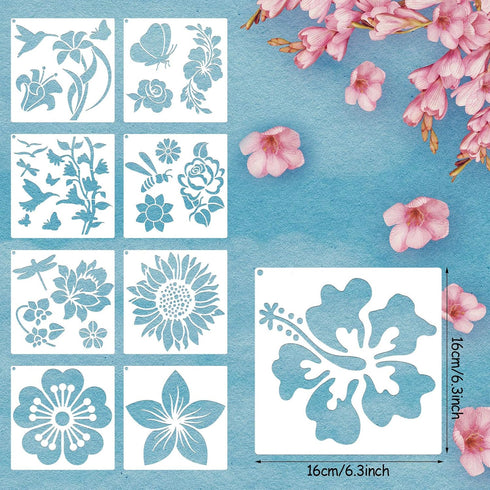 16 Pieces Flower Stencil for Painting Bee Sunflower Butterfly Spring Stencil Large Template Reusable Summer Painting Stencil and Metal Open Ring f...