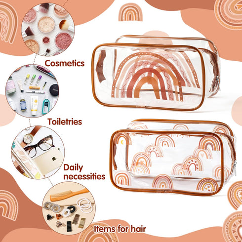 Y1tvei 2Pcs Summer Boho Rainbow Clear PVC Makeup Bag Stylish Brown Fall Theme Plastic Cosmetic Toiletry Bag with Zipper Makeup Case Portable Water...