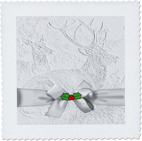 3dRose qs_62828_1 Reindeer in White with Silver Bow and Holly Etched Look Can Not be Felt to The Touch-Quilt Square, 10 by 10-Inch...