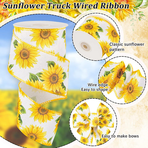 Whaline Summer Sunflower Wired Edge Ribbon 10 Yard x 2.5 Inch Spring Summer Flower Ribbon Farmhouse Fabric Decorative Craft Ribbon Roll for Gift W...