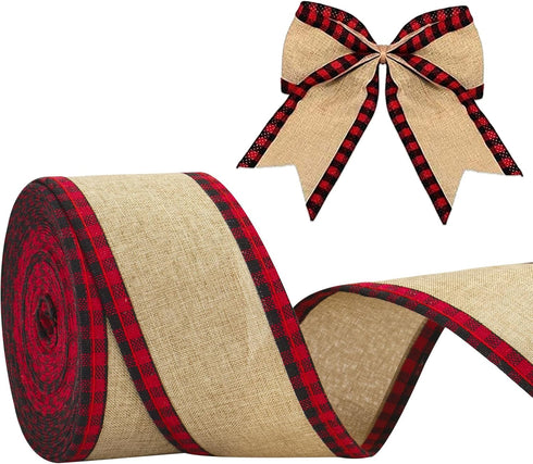 joycraft Buffalo Plaid Wired Edge Ribbons, Christmas Burlap Fabric Ribbon Roll with Checkered Edge, 2.5" x 11 Yds Burlap Ribbon for Christmas Part...