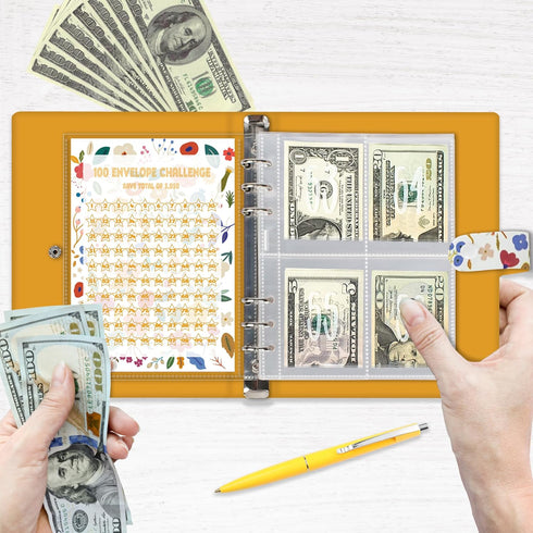 Vienrose 100 Expense Envelopes Money Saving Binder, Cash Challenge Binder for Saving $5,050, Budget Book Planner with Expense Pouches (Wildflowers...