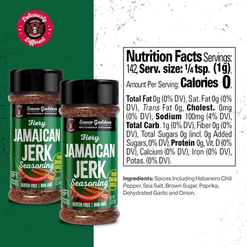 Sauce Goddess Fiery Jamaican Jerk Spice Shaker (2-Pack) - Seasonings and Spices for Cooking with Caribbean Flavors! For Chicken, Pork, Seafood & M...