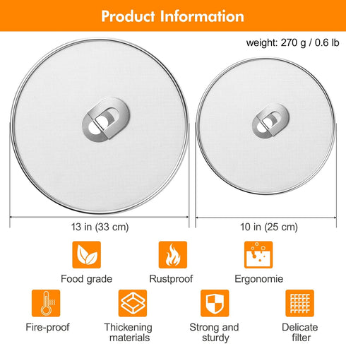 Snowyee Splatter Screen for Frying Pan, Grease Splatter Guard Stainless Steel Large 13” and Small 10” Shield (2 in 1 Set)...