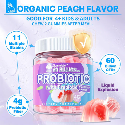 Sugar Free Probiotic Gummies 60 Billion CFU 11 Strains with Prebiotics Fiber, Probiotics Filled Gummies for Women Men Digestive Health, Peach Flav...