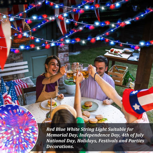 SANJICHA Red White and Blue Lights, 100 LED 33FT 4th of July Decorations Lights, 8 Modes Clear Wire Waterproof Patriotic Light for Independence Da...