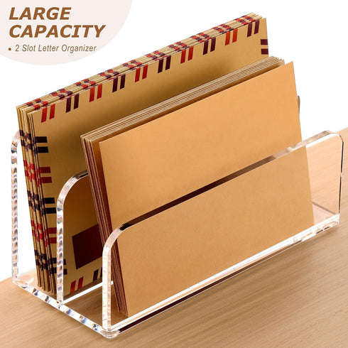SANRUI Acrylic Mail Sorter Desktop Organizer Holder, 2 Compartments Clear Small File Script Letter Office Document Storage for Desk Bill Filling E...